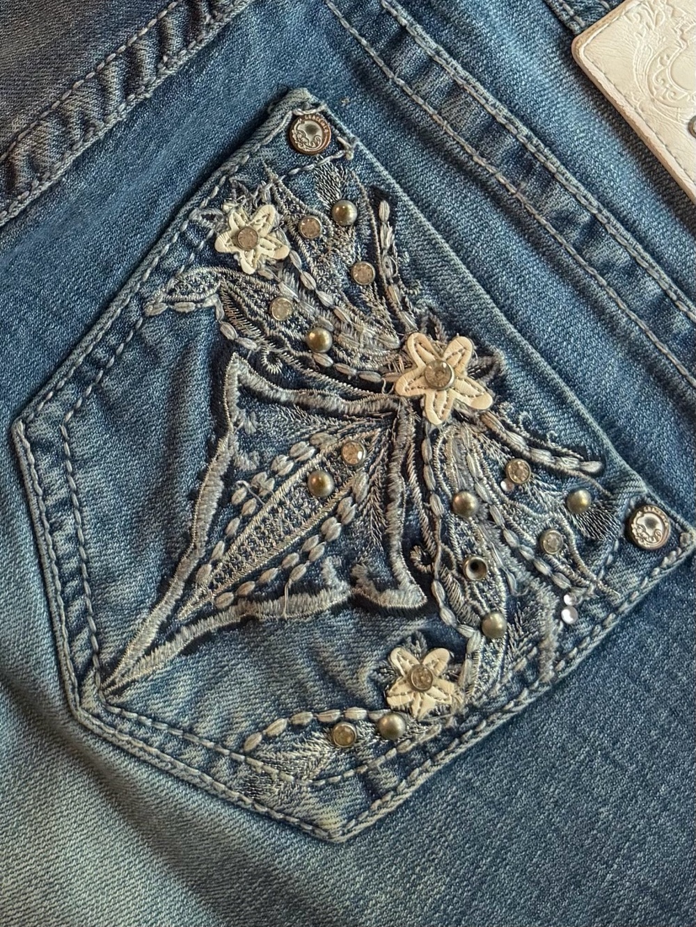 Women's Embroidered Blue Denim Jeans with Floral Stud Detail